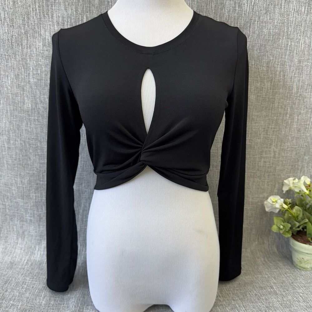 Express Women's Black Long Sleeve Cropped Twist Keyhole Stretch Top Size S